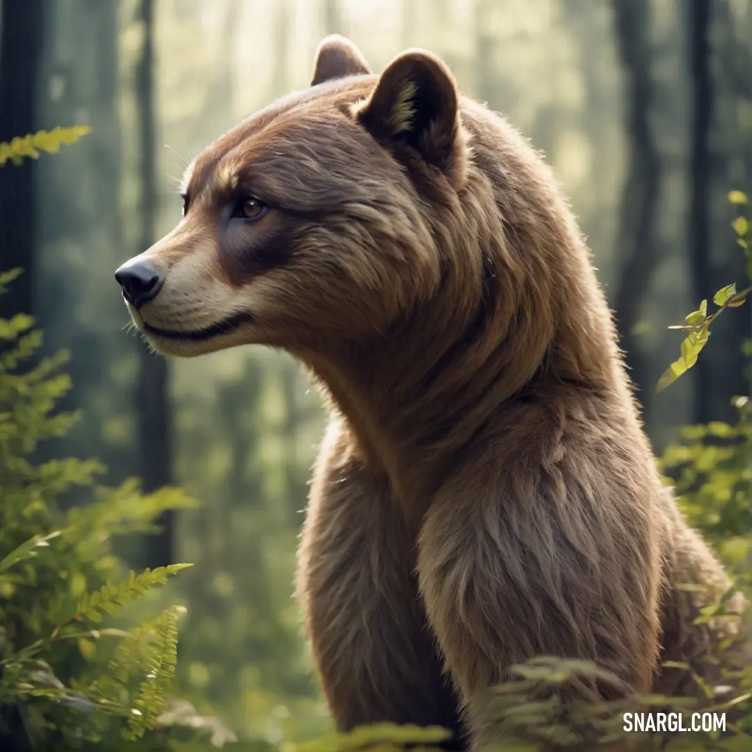 Brown bear standing in a forest next to tall trees and bushes with its eyes closed and looking off to the side