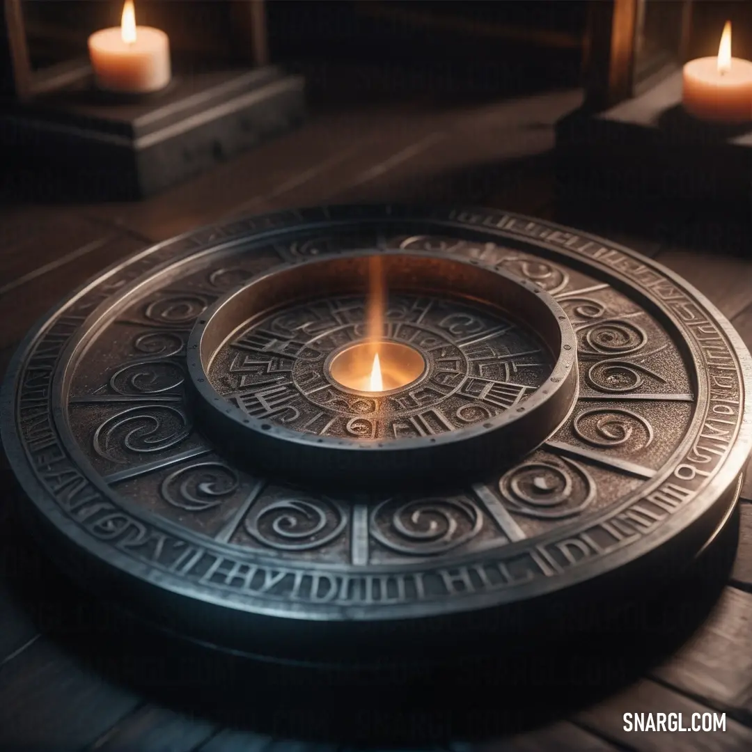 A lit candle sits in a circular metal holder on a wooden table, surrounded by smaller candles that cast a warm, soft glow. The rustic scene creates an intimate, peaceful atmosphere perfect for reflection.