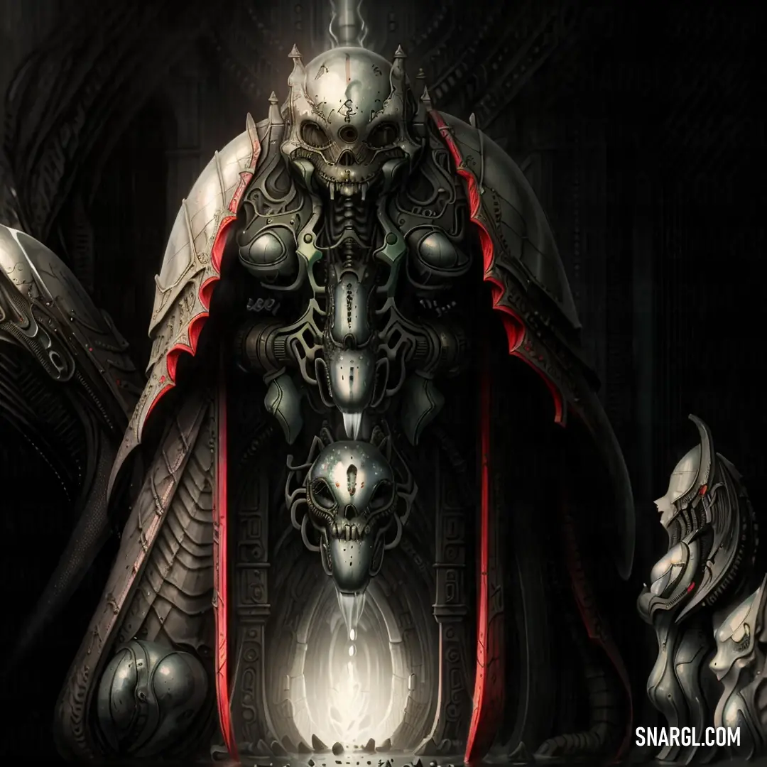 A menacing, large creature cloaked in heavy metal armor, with a glowing light emanating from its mouth. Its oversized head and powerful presence suggest otherworldly strength and intimidation, casting an eerie glow in the surrounding darkness.