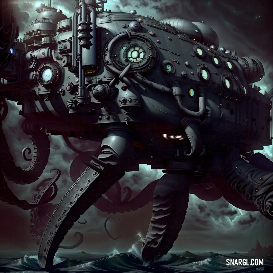 A giant octopus grips a machine gun in its mouth, looming over a ship in the background. Its tentacles spread across the scene, giving the impression of an overwhelming presence in the ocean's vast expanse.