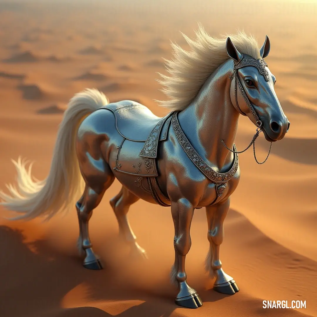 A beautiful horse adorned with a saddle stands gracefully in a sunlit desert, its coat shimmering in the warm tones, embodying the magnificence of nature and the bond between horse and environment.