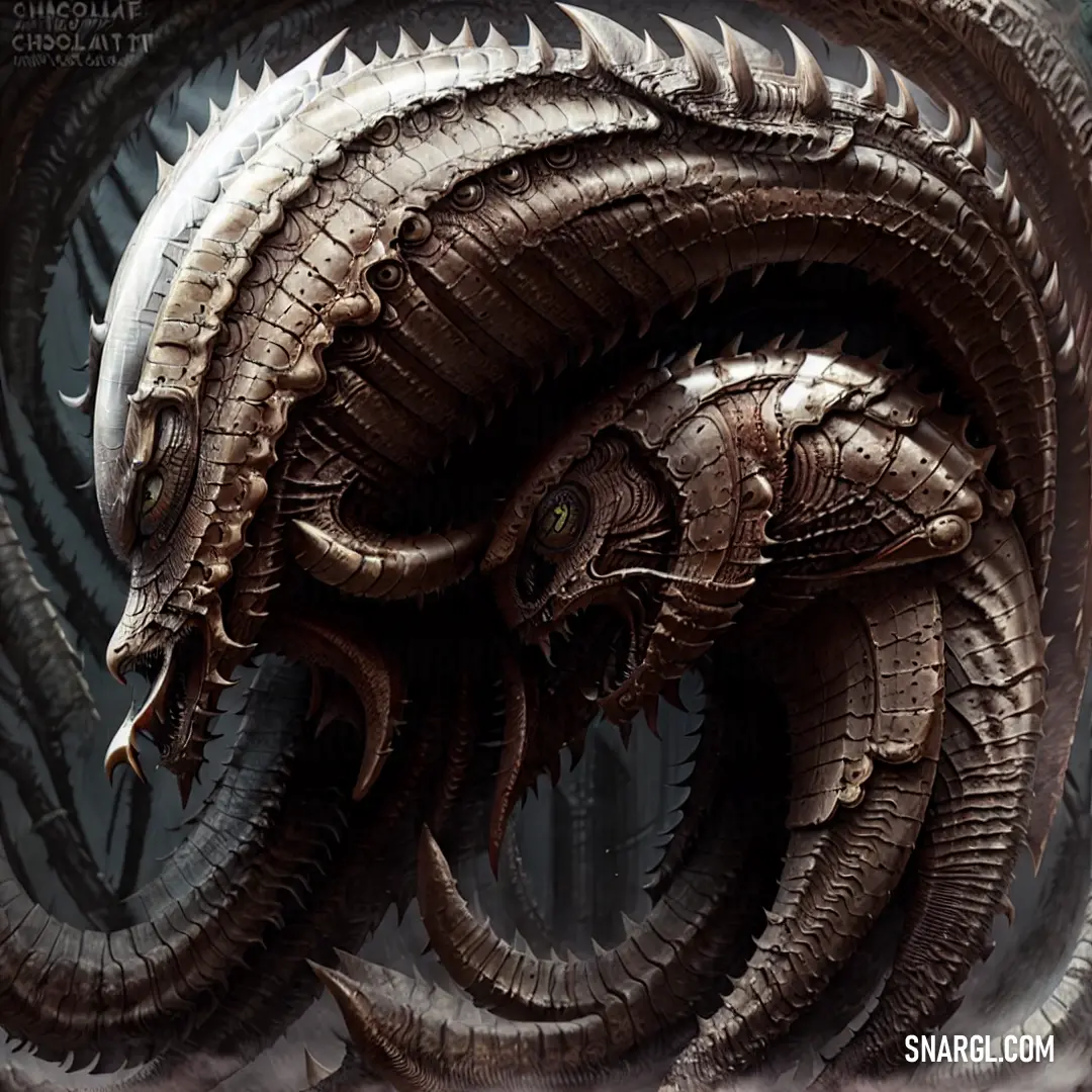 A fierce, dragon-like creature stands tall with enormous horns and sharp, menacing teeth. The color palette of dark hues enhances its intimidating and mystical appearance.