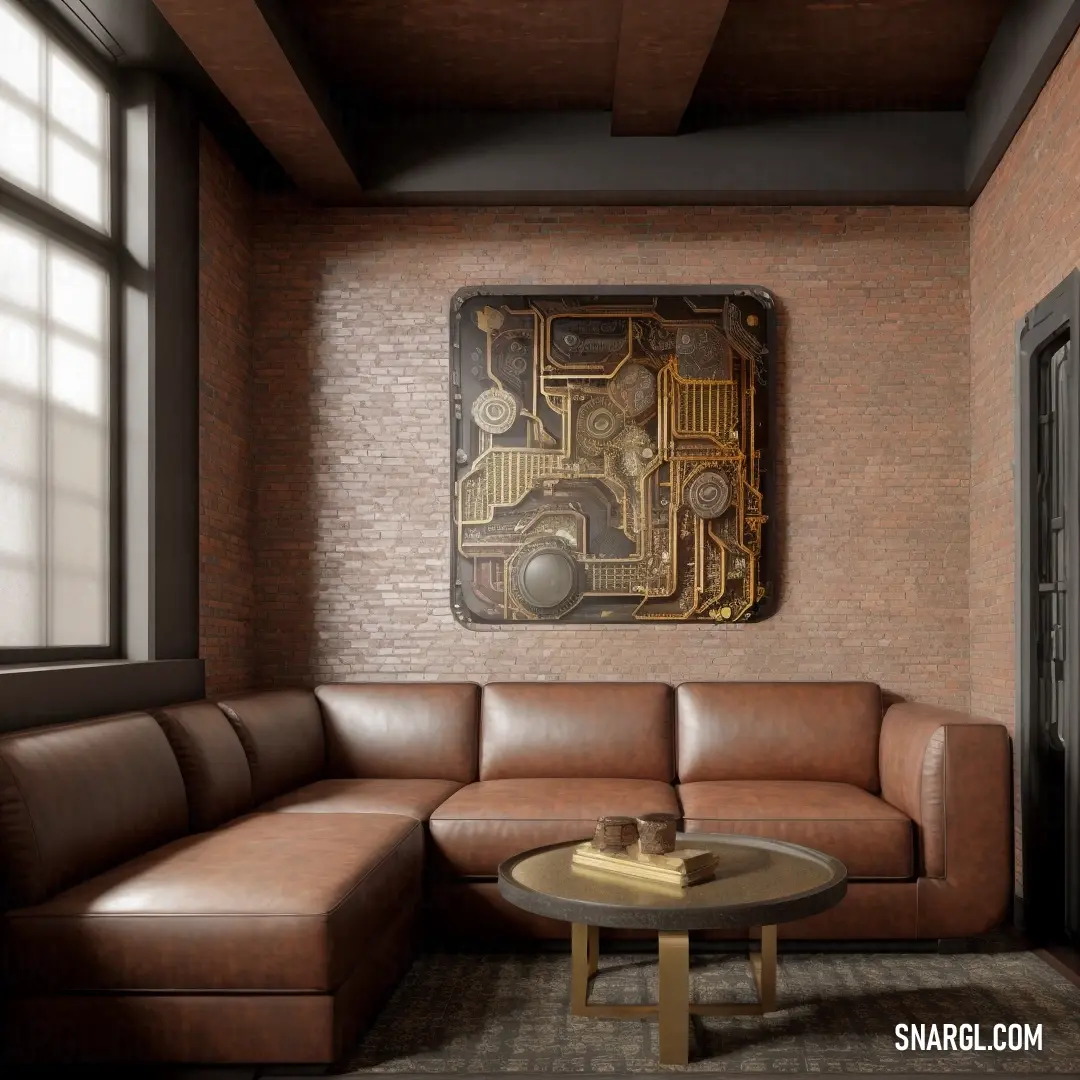 A cozy living room featuring a soft couch, a table, and a unique painting of a circuit board hanging above the sofa. The warm hues of the room contrast with the cool, digital design of the artwork.