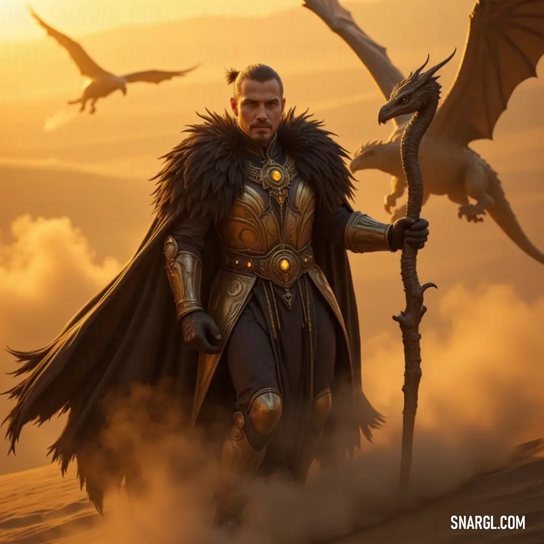 A mysterious man in an elaborate costume wields a staff while a powerful dragon looms in the background. The rich colors and intricate details evoke a sense of epic fantasy and adventure, breathing life into their storied realm.