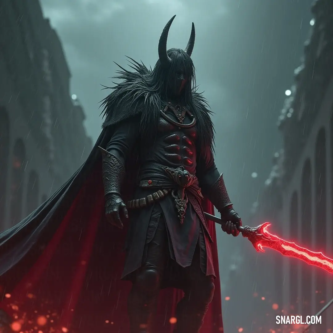 A formidable man clad in an intricate costume brandishes a sword as he traverses a bustling city street at night, vibrant lights glimmering around him. His demon-like attire adds an intense atmosphere, promising thrill and adventure.