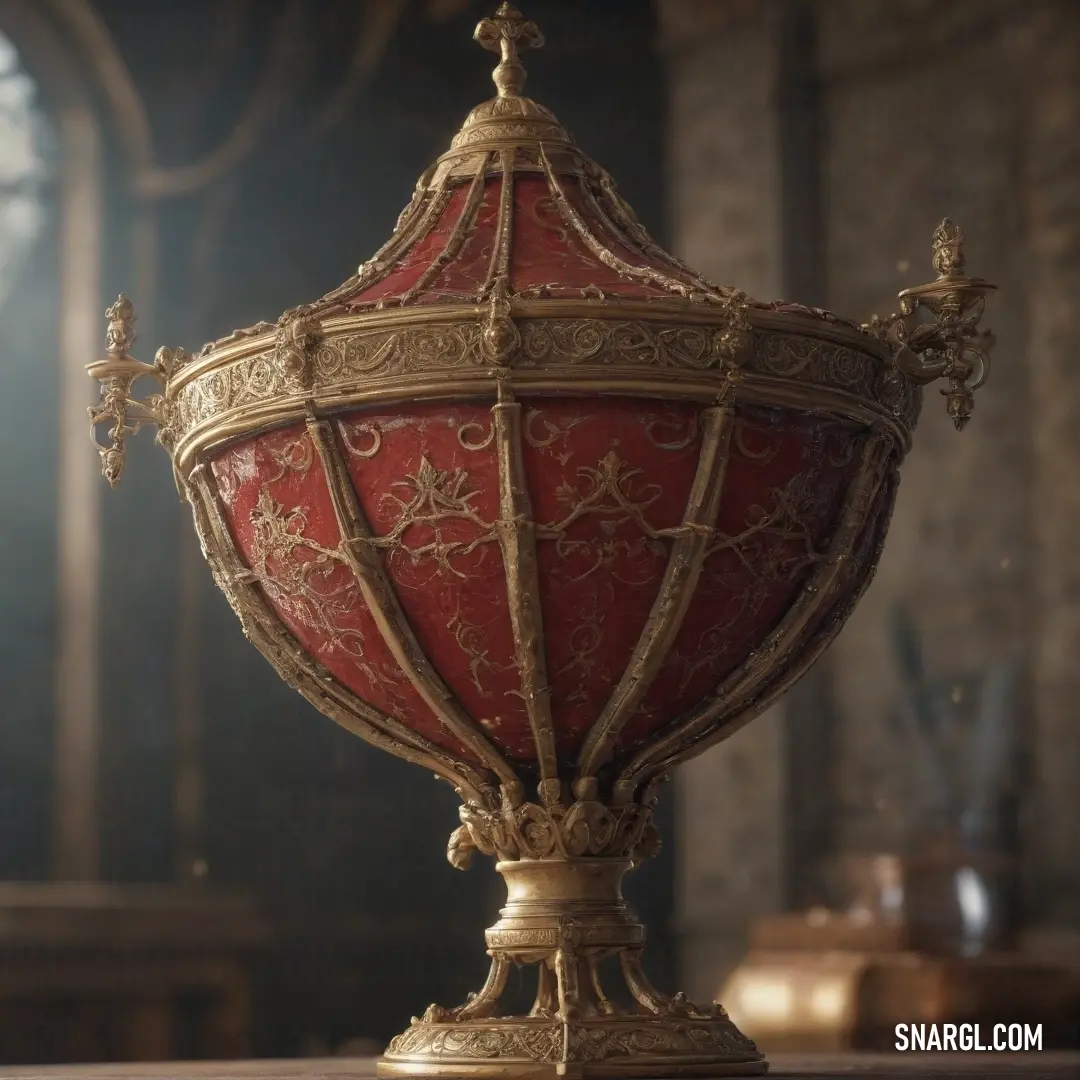 A red and gold vase sits atop a wooden table, illuminated by the soft glow of natural light from a nearby window. The elegant vase contrasts with the simple, rustic surroundings of the room, adding a touch of warmth and luxury.