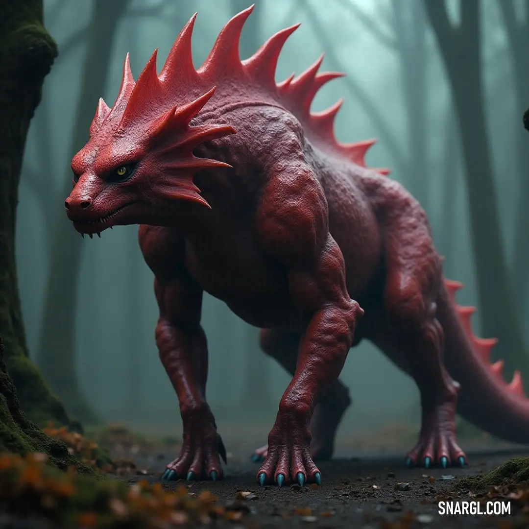 A playful red plastic dinosaur ambles through a mystical forest, where fog drapes over vibrant trees, and a soft red glow graces its face, bridging the gap between childhood whimsy and nature's beauty.