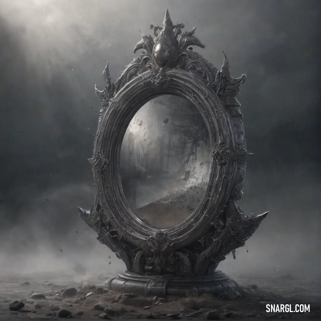 A large, old mirror rests atop a pile of dirt, surrounded by a foggy forest filled with towering trees. The reflection in the mirror is faint, adding an eerie element to the mysterious, untamed landscape.