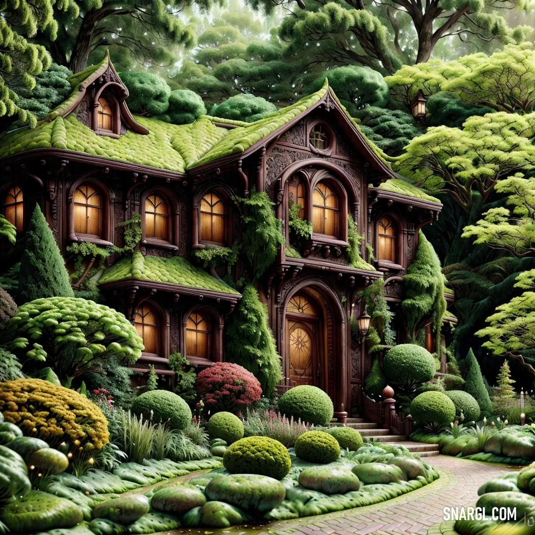 Painting of a house with a green roof and a pathway leading to it and trees and bushes surrounding it