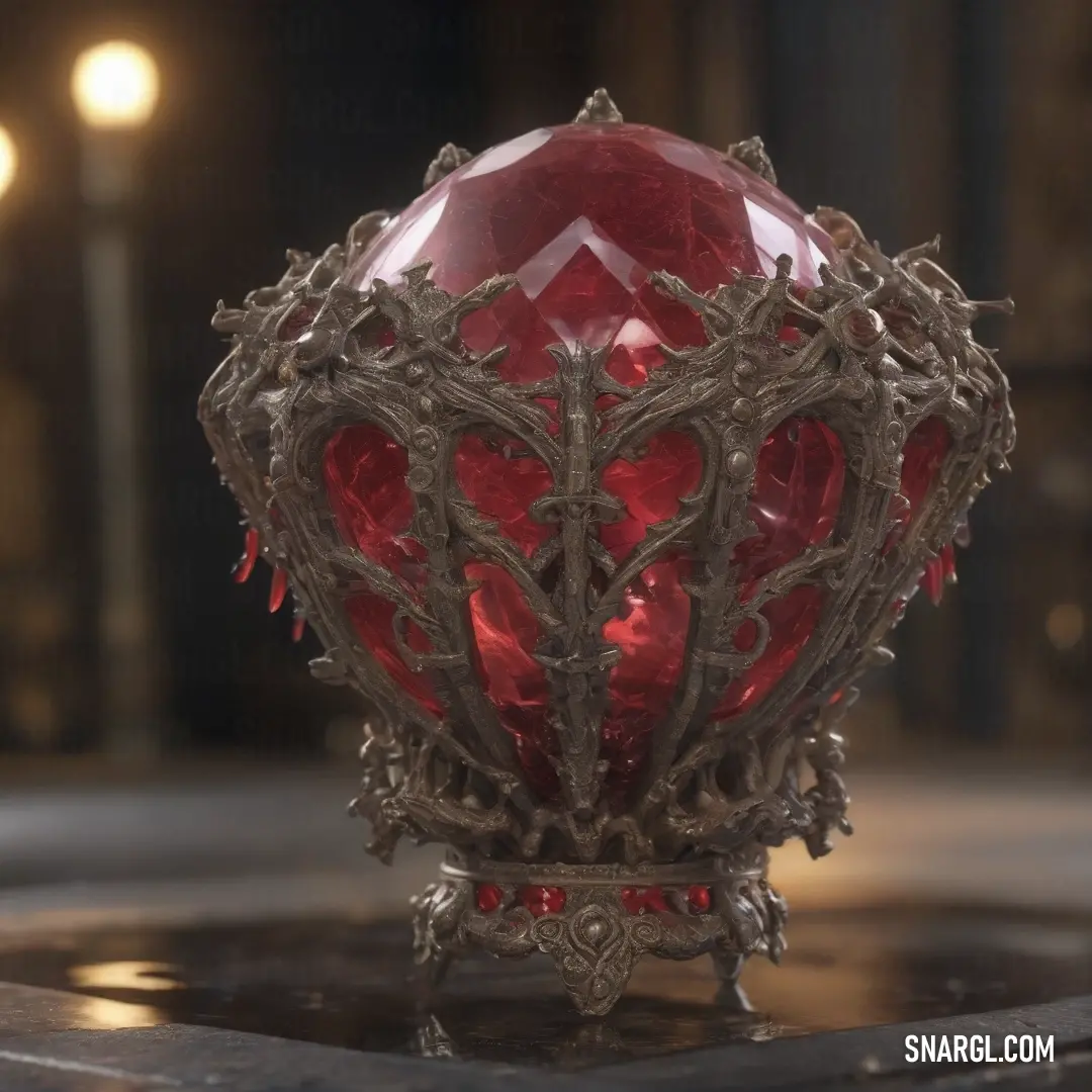 A vibrant red glass object sits atop a table, its bold color contrasting with the soft glow of a nearby light bulb and a lamp shade on the wall. The warm, amber tones of the surroundings complement the glass’s rich hue.