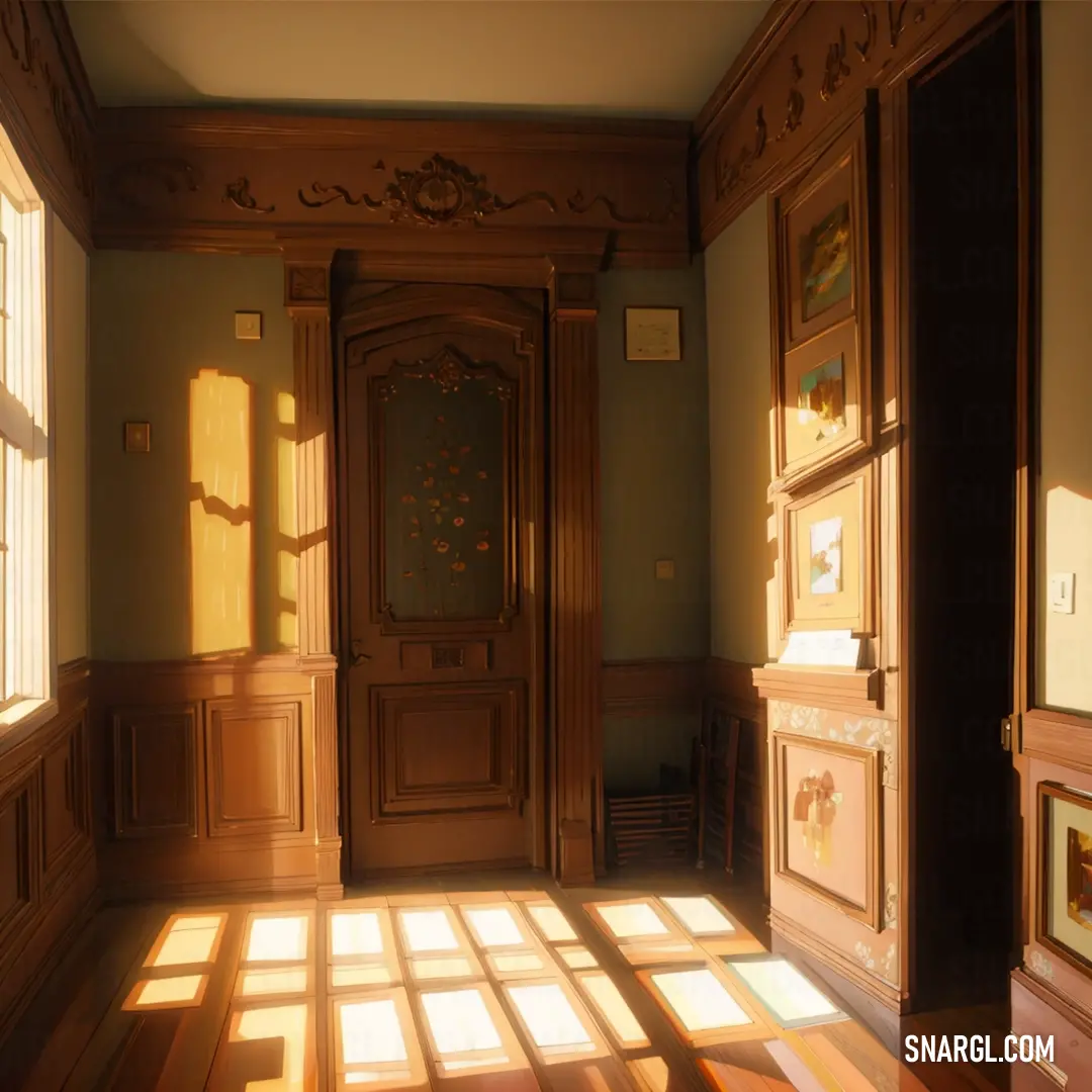 A cozy room filled with sunlight streaming through a door and window, casting gentle shadows on a wooden floor. The warm, inviting atmosphere is complemented by the soft, natural light.