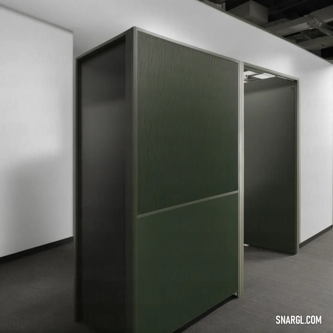 A minimalist room featuring a striking green partition against a white wall. A black door and floor add depth to the modern design, while the color palette showcases the subtle yet distinct tones of CMYK: 0,26,31,60.