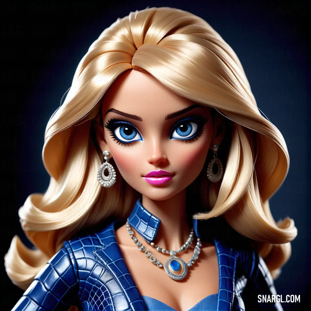 Doll with blonde hair and blue eyes wearing a blue dress and necklace with a diamond necklace on. Color RGB 0,84,180.