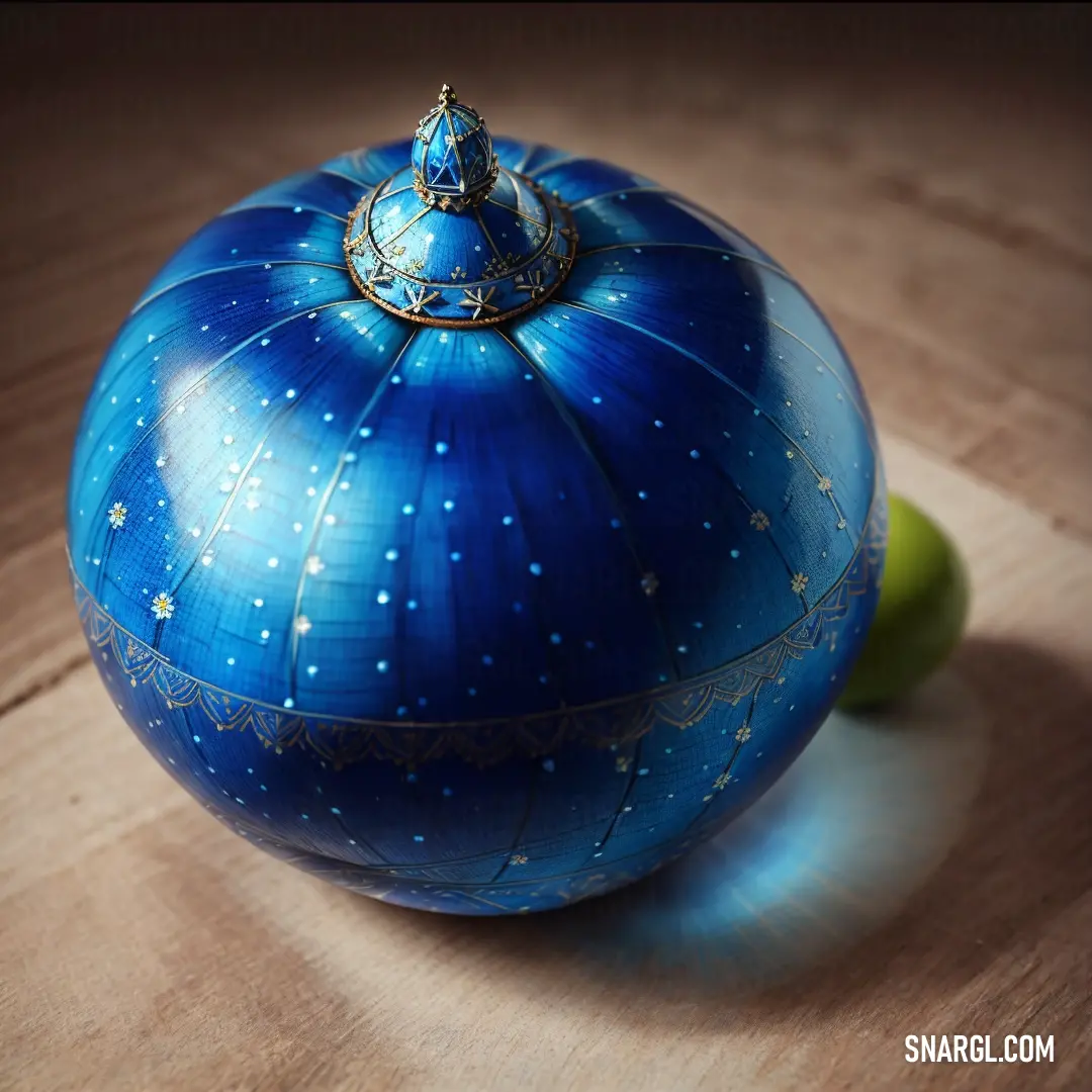 Blue ball with a crown on top of it next to a green apple on a wooden table with a black background