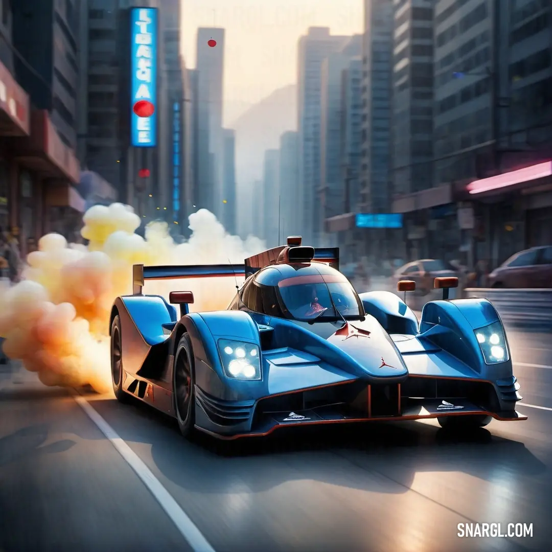 Blue race car driving down a street with smoke coming out of it's tires and a city in the background. Color RGB 0,84,180.