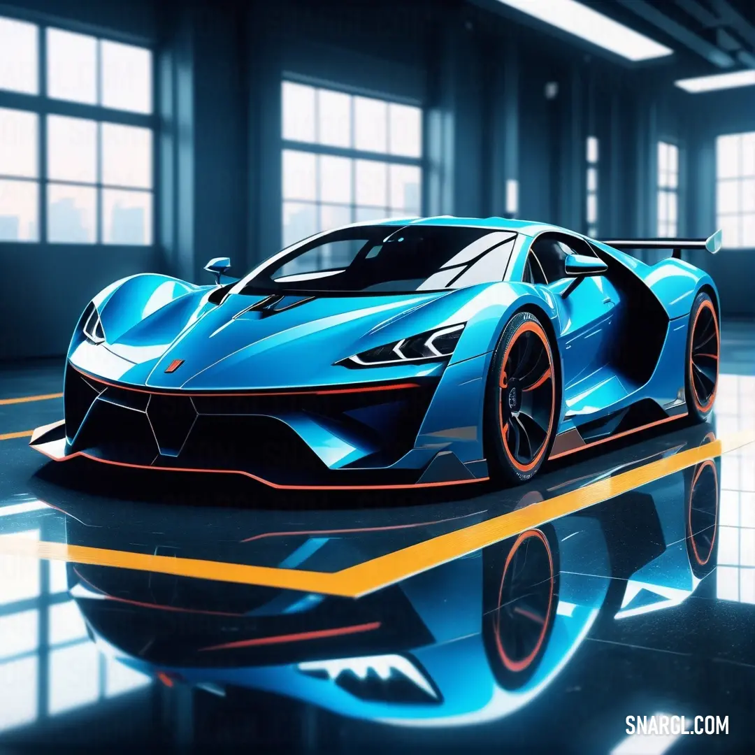 Blue sports car is parked in a garage with windows and a reflective floor in front of it is a reflection of the car