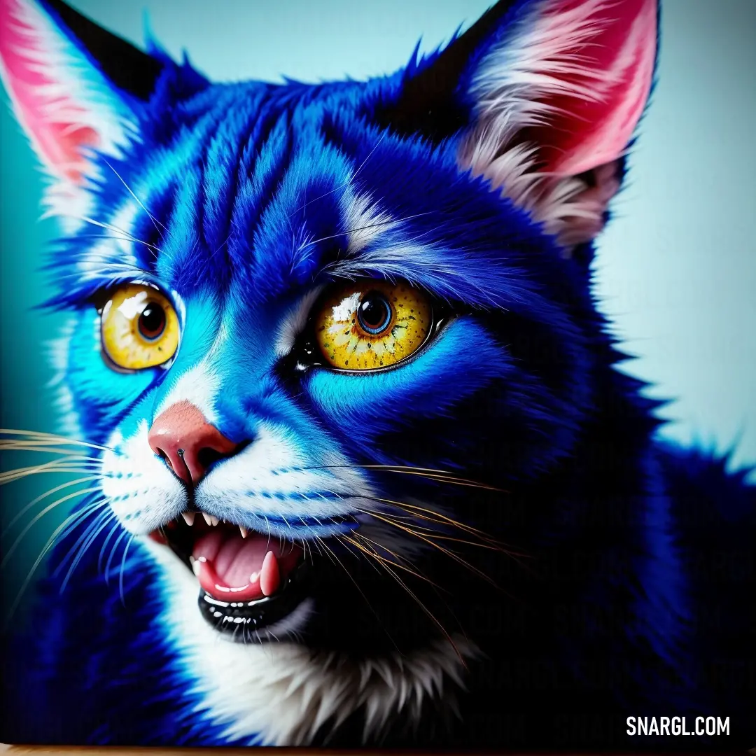 Cat with yellow eyes and a blue background is shown in this picture