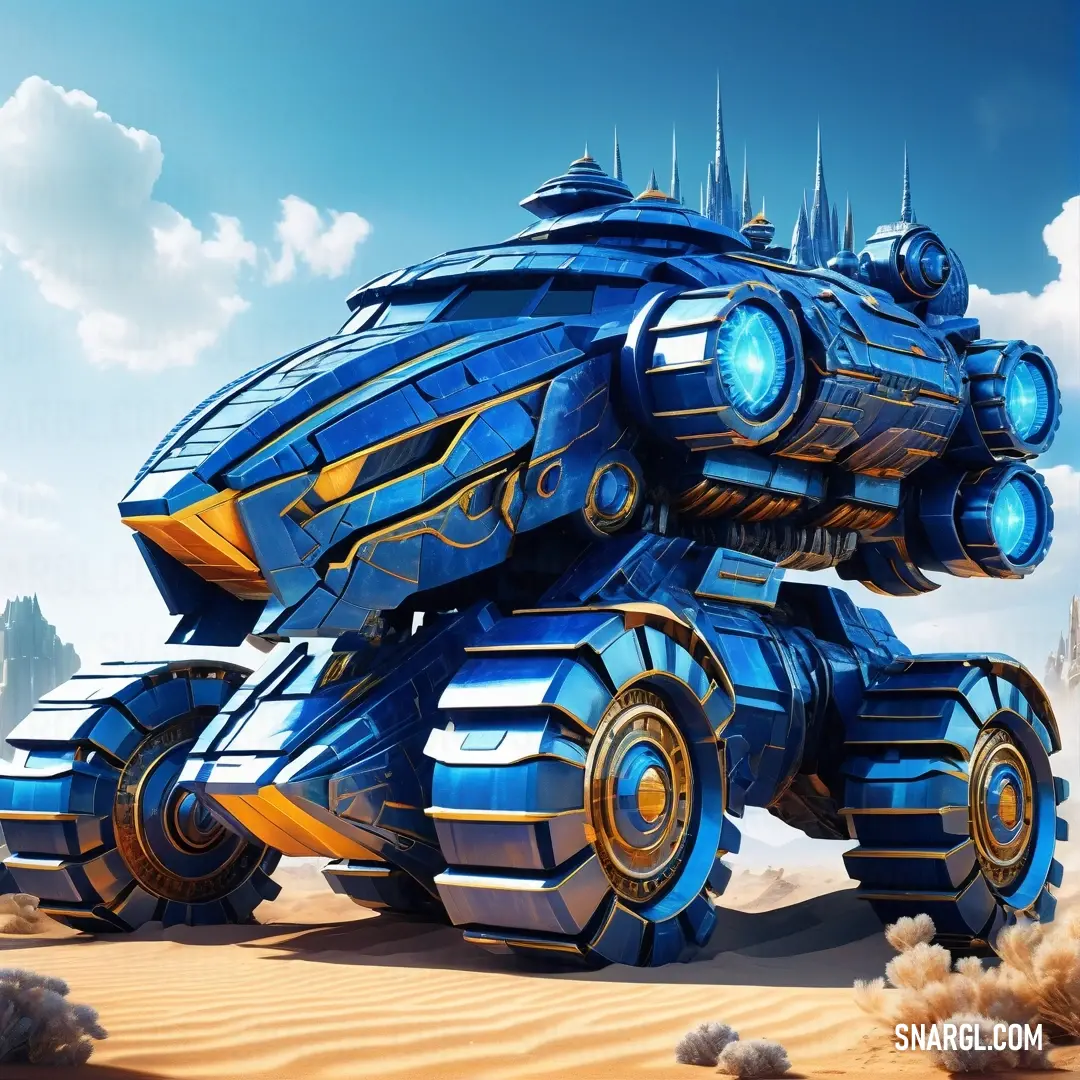 Futuristic vehicle with a massive engine in the desert with a sky background. Color CMYK 100,53,0,29.