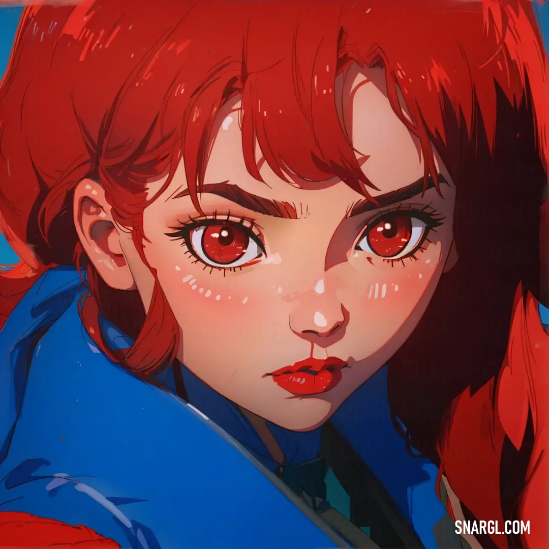Girl with red hair and red eyes with a blue jacket on her shoulders and a red lip and nose. Example of #0054B4 color.