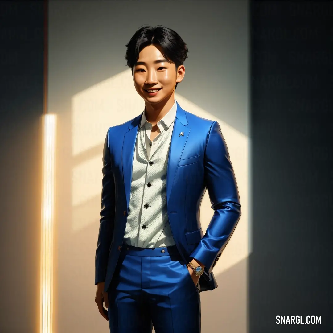 Man in a blue suit standing in a room with a white wall and a light shining through the window