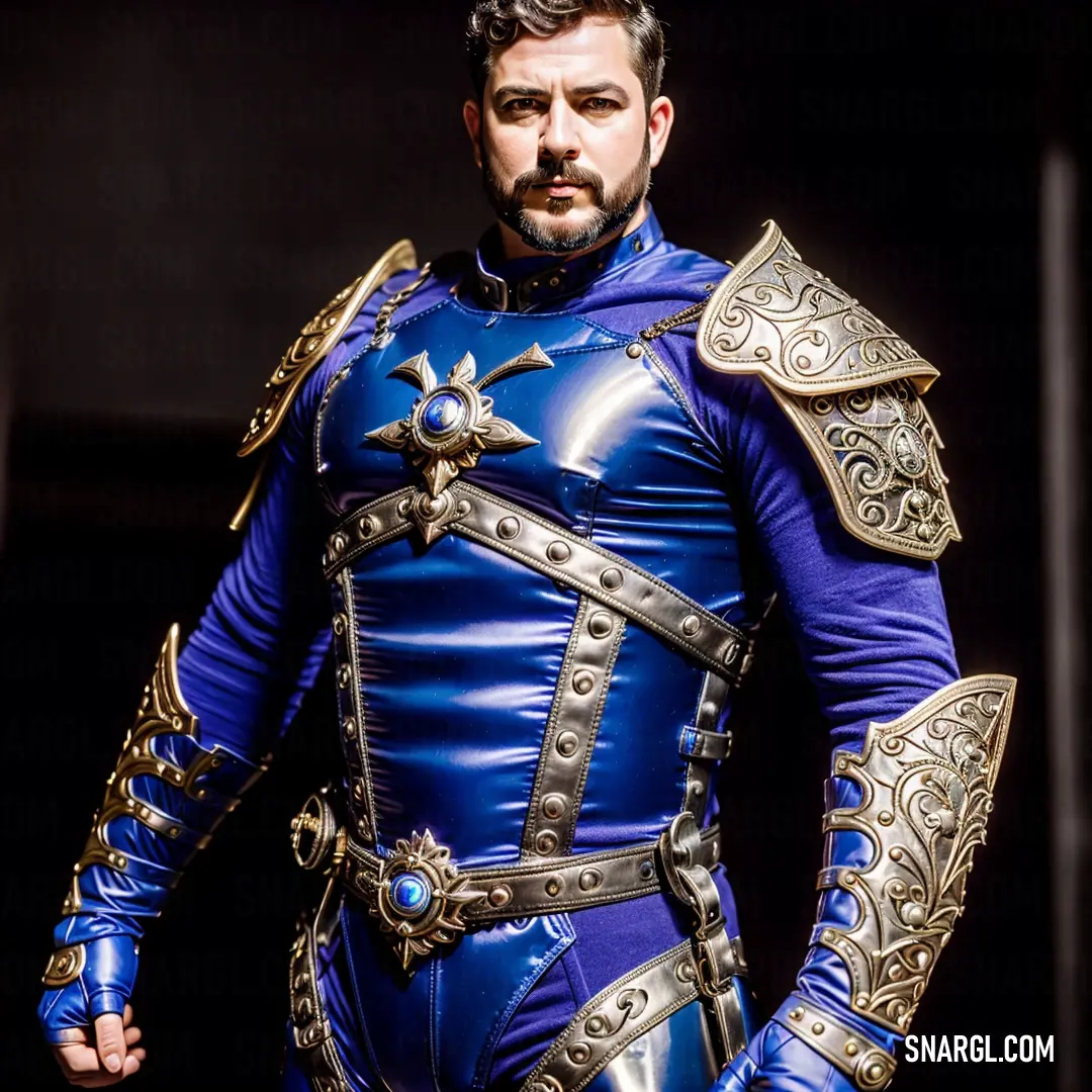 Man in a blue suit with gold accents and a beard wearing a helmet and armor with a cross on it