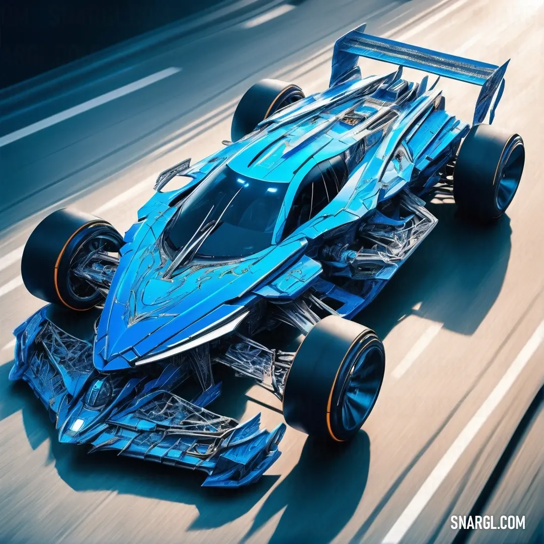 Blue race car driving down a street with a sky background. Example of #0054B4 color.