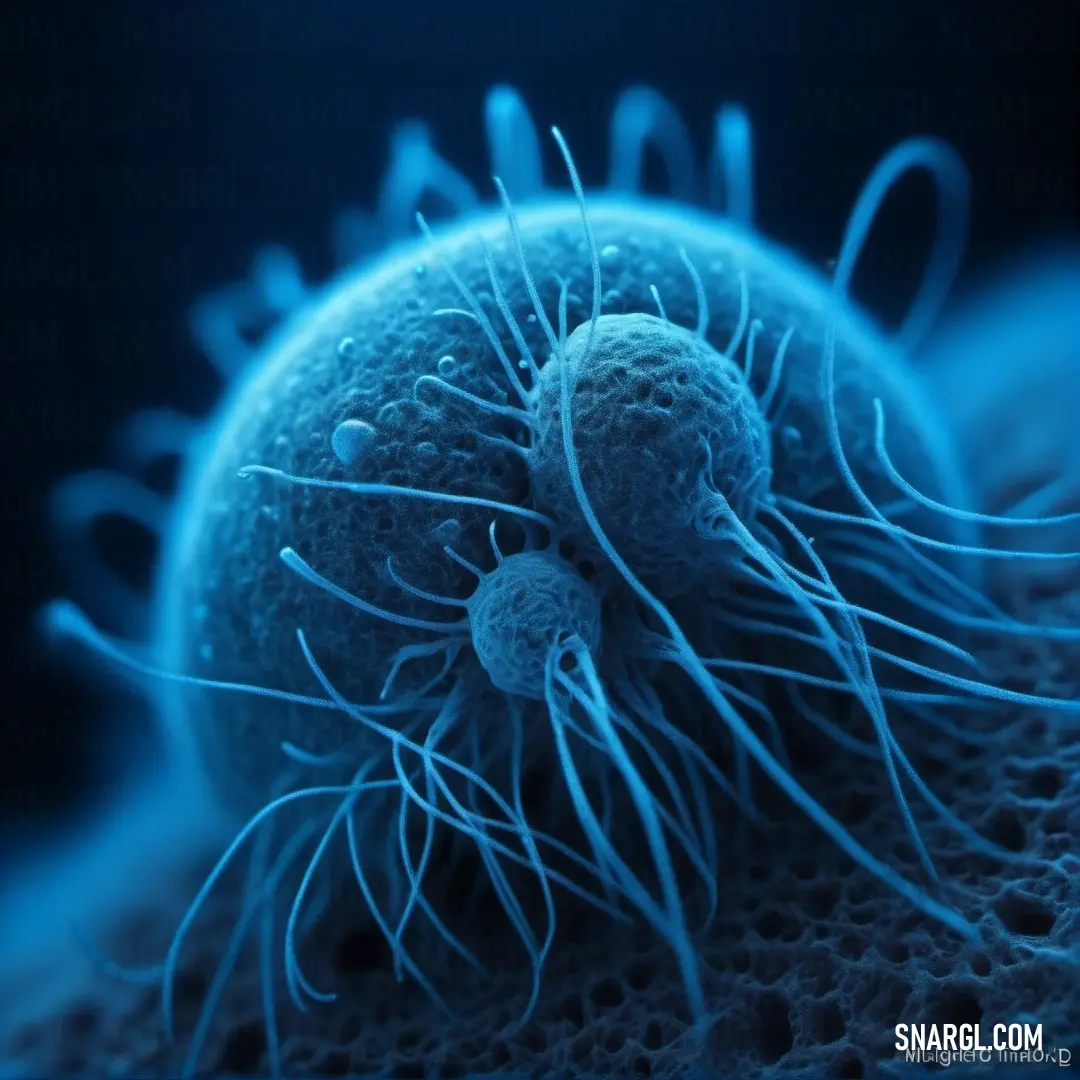 Close up of a blue sea urchin with white tentacles and a black background. Example of CMYK 100,53,0,29 color.