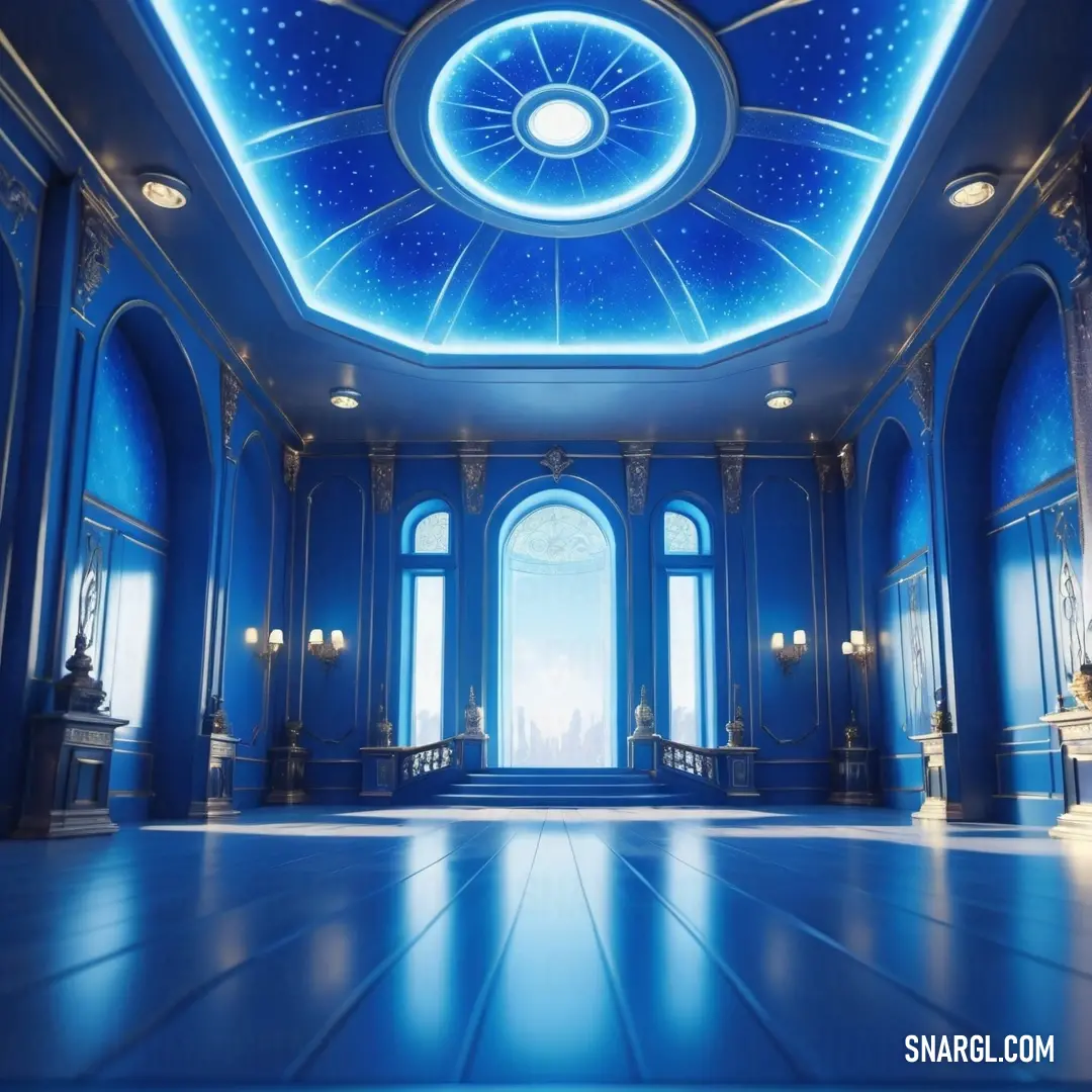 Large room with a blue ceiling and a blue door and windows with a blue light shining in the center. Color #0054B4.