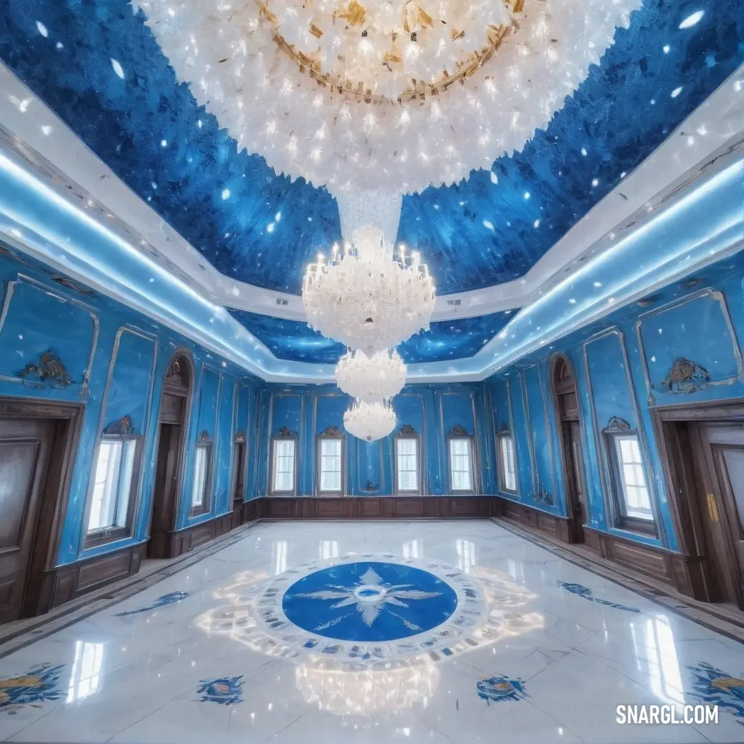 Large room with a chandelier and a chandelier hanging from the ceiling and a circular blue and white floor. Color CMYK 100,53,0,29.