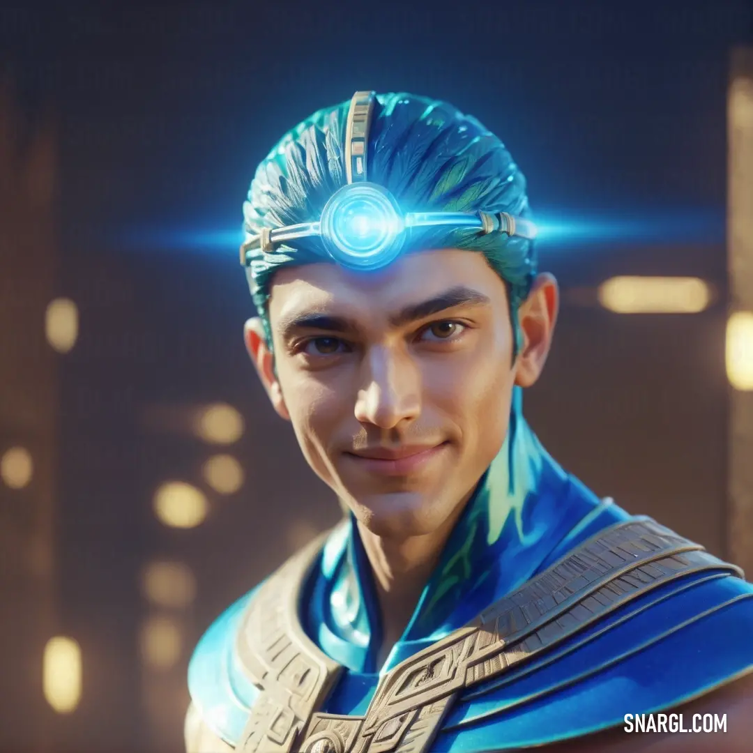 Man in a blue outfit with a glowing headpiece on his head. Color RGB 0,84,180.
