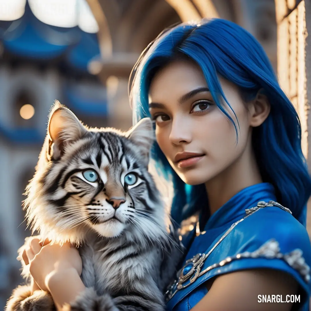 Woman with blue hair holding a cat in her arms and posing for a picture with a castle in the background. Example of RGB 0,84,180 color.