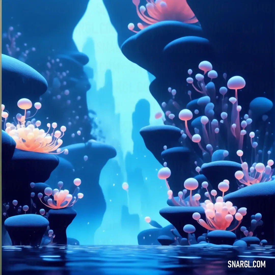 Painting of a blue and purple underwater scene with corals and bubbles in the water and a castle in the background