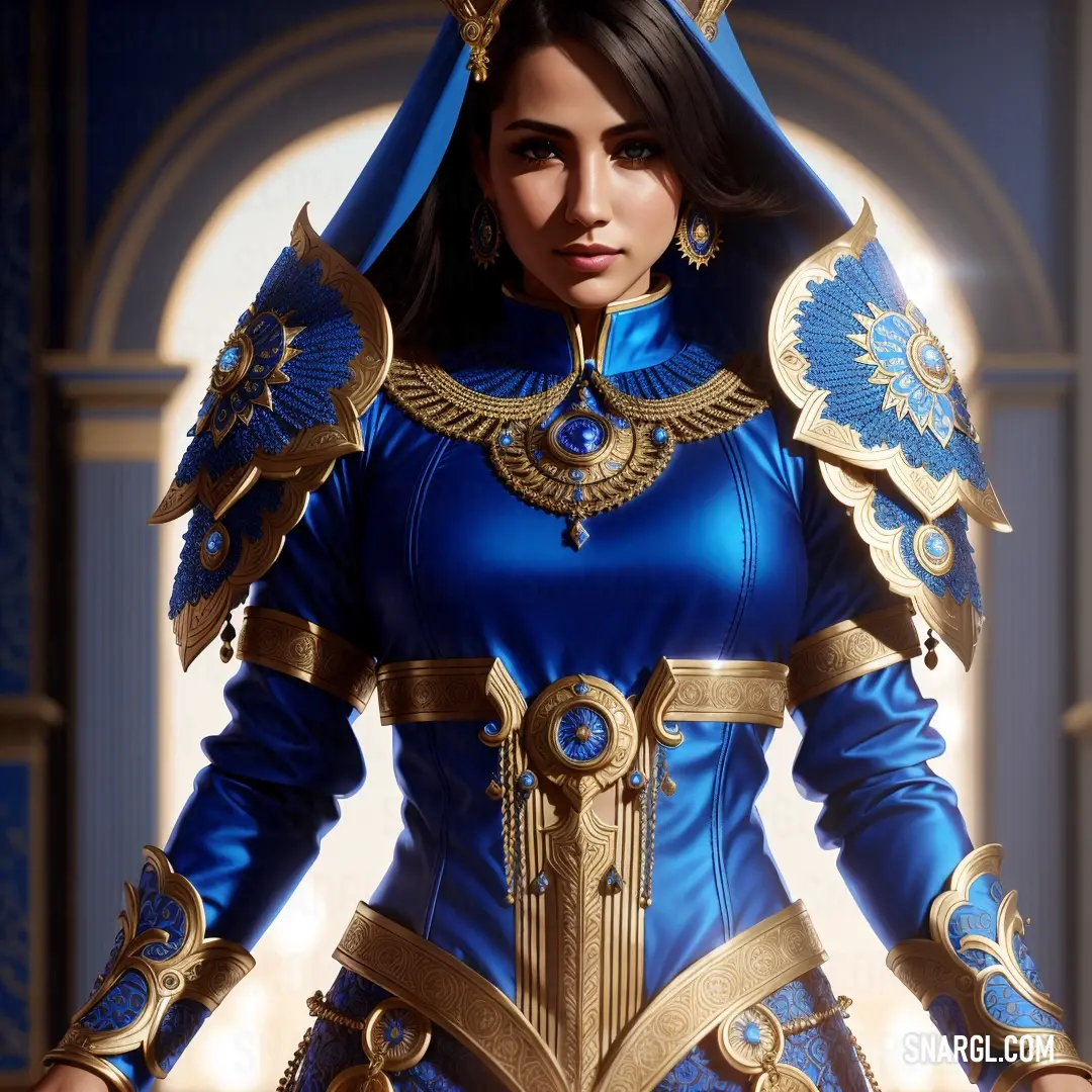 Woman in a blue and gold costume with a blue cape and gold accents on her head and shoulders
