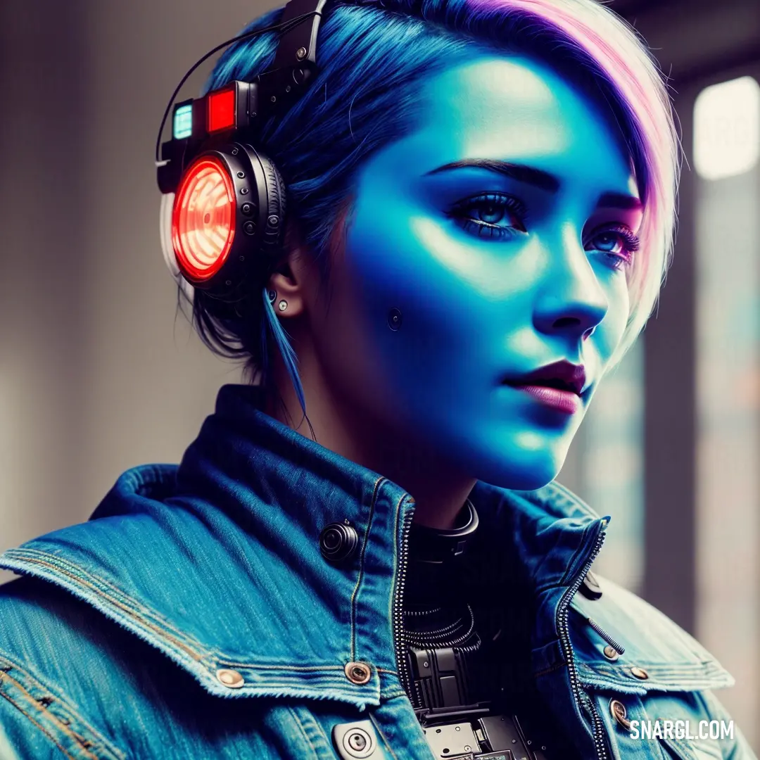 Woman with blue hair and headphones on her head is looking at the camera