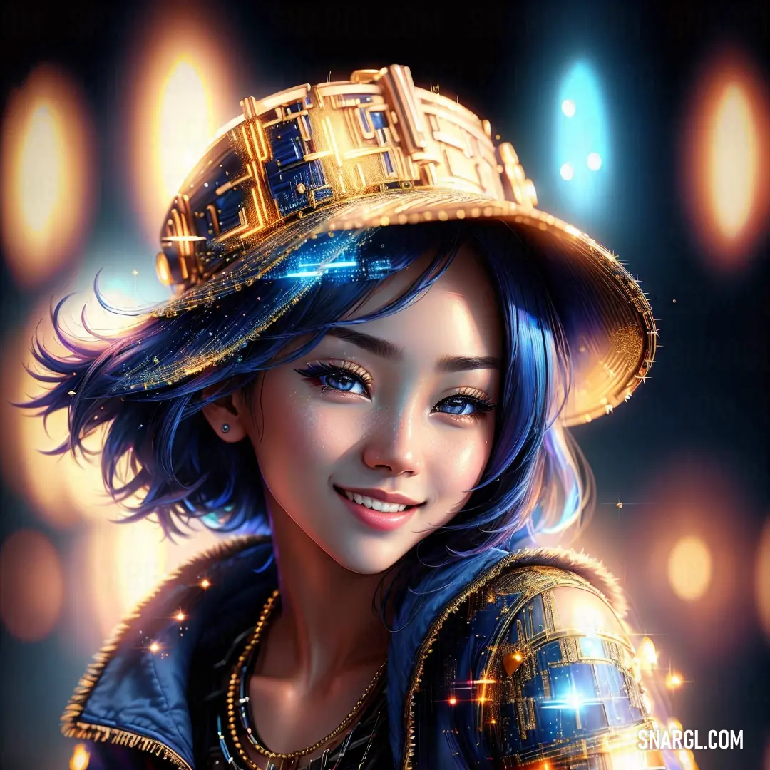 Woman with blue hair wearing a hat and a dress with gold decorations on it and a sparkling background