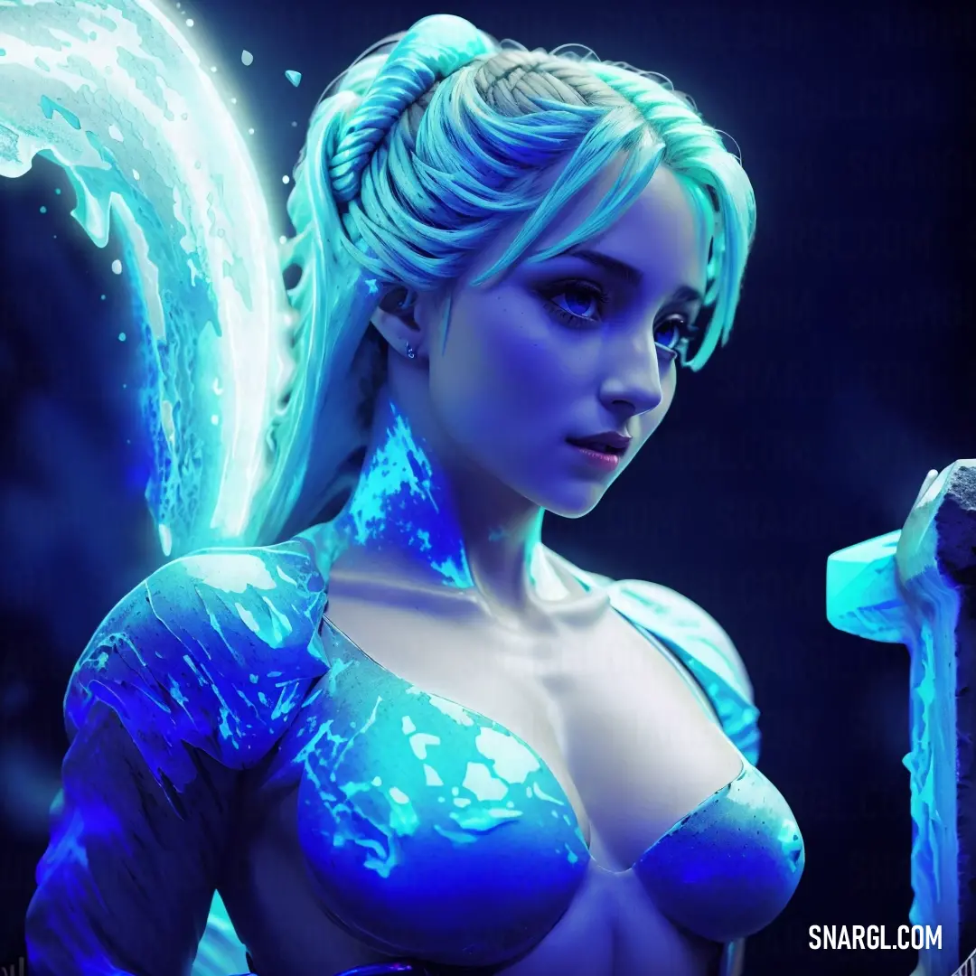 Woman with blue hair and a blue bra top holding a sword in her hand and a glowing blue body