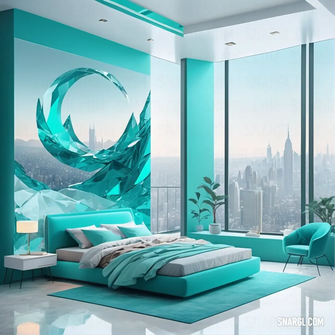 Bedroom with a large window and a blue bed in it with a city view behind it. Color RGB 72,209,204.