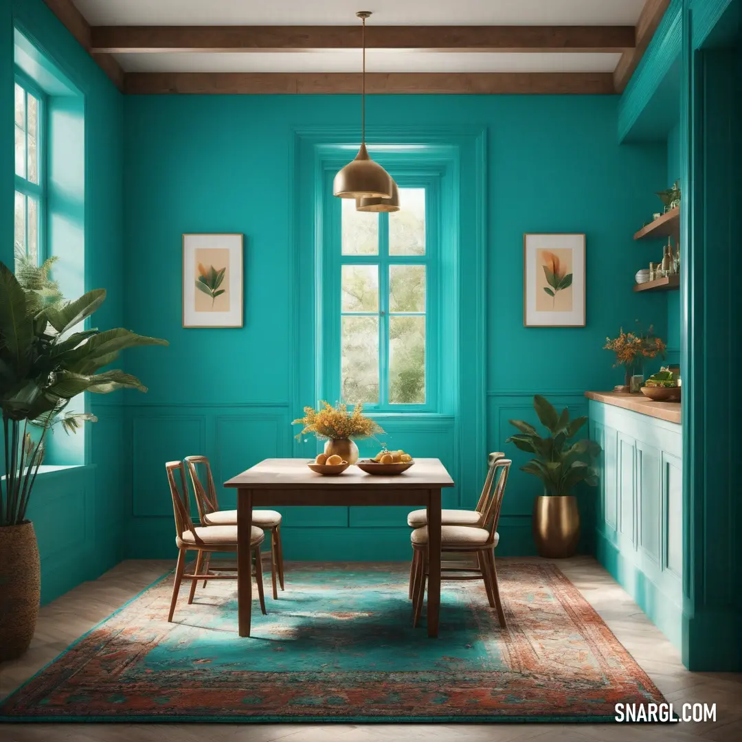 Medium turquoise color example: Dining room with a table and chairs and a rug on the floor and a potted plant on the table