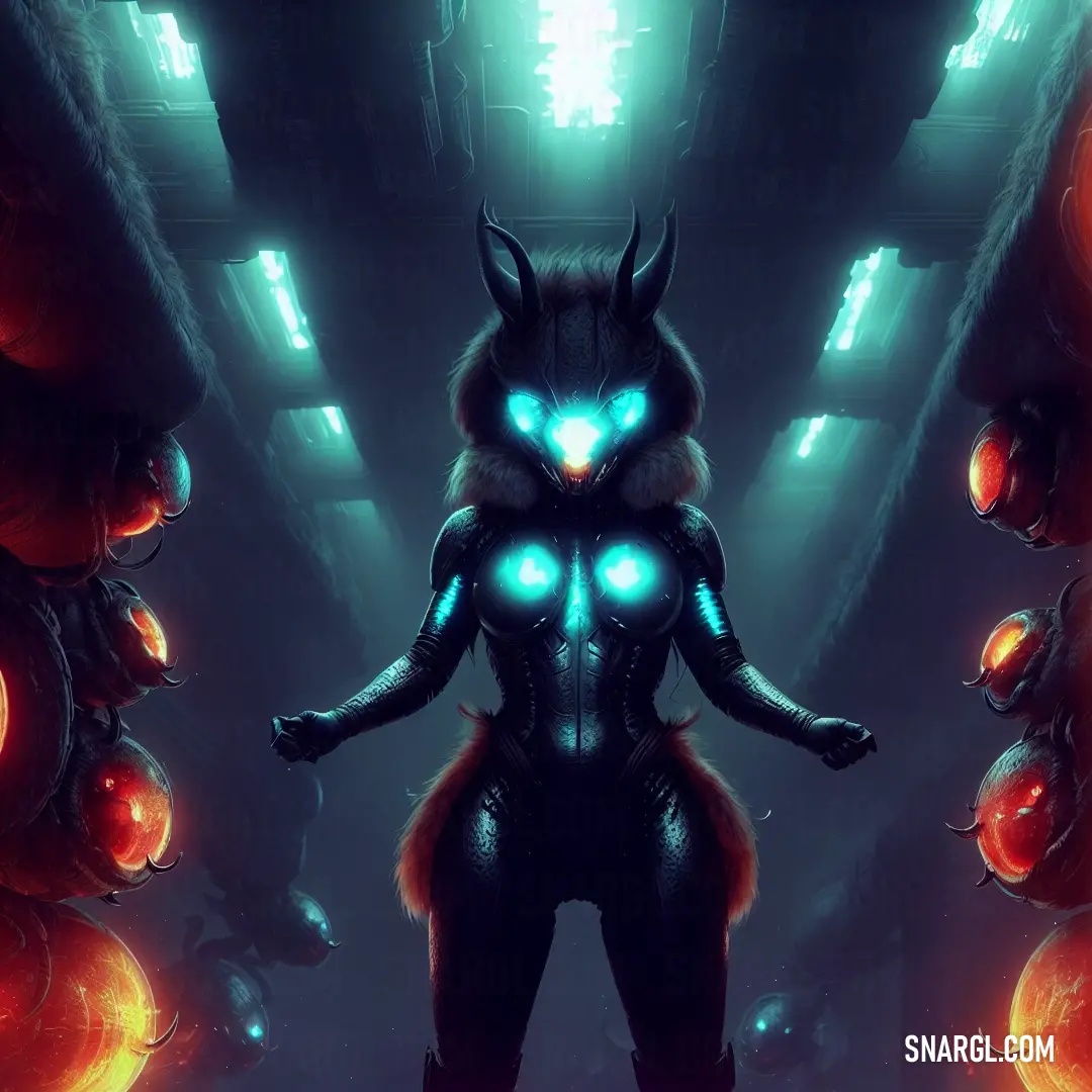 Futuristic woman with glowing eyes and a cat suit in a dark room with neon lights on her chest