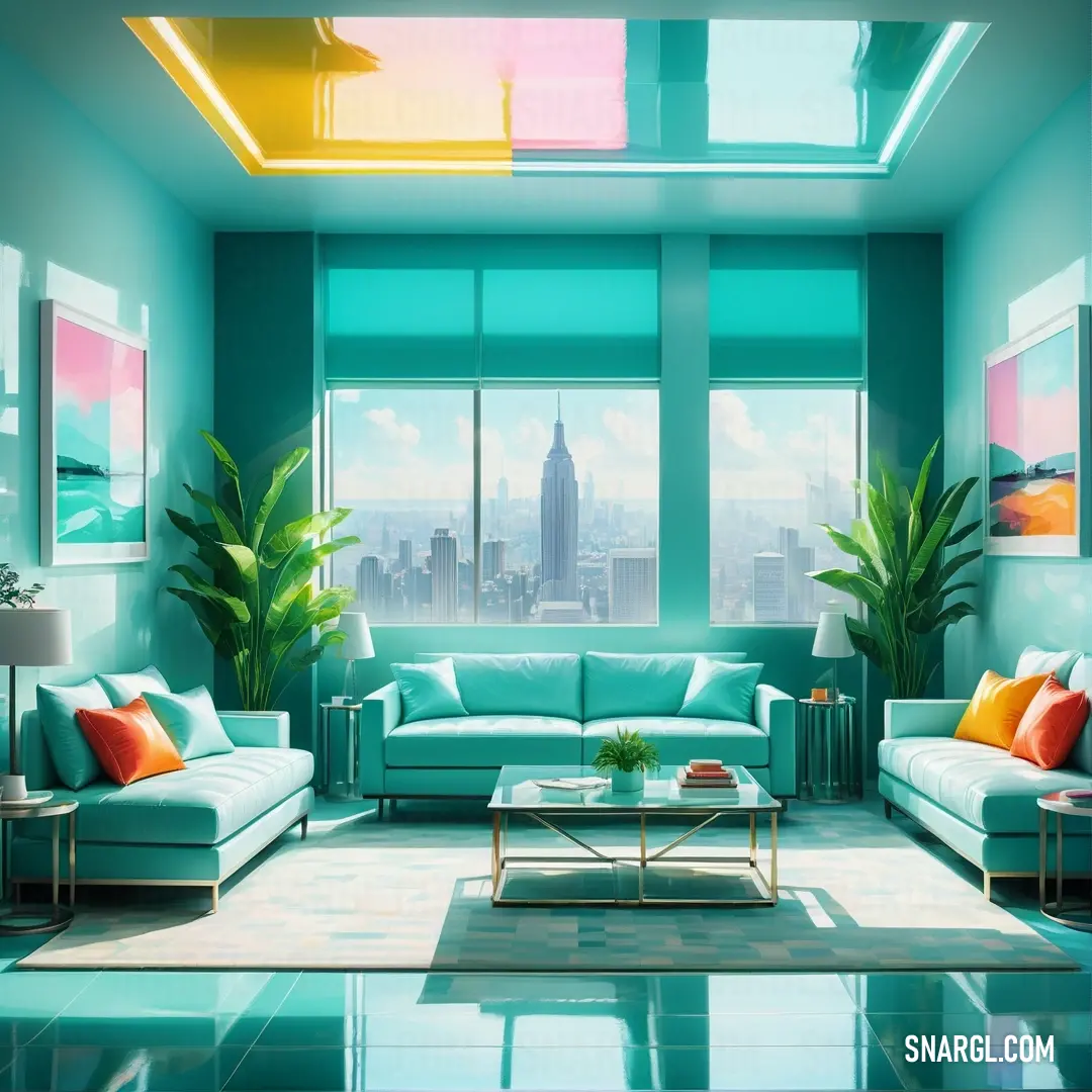 Medium turquoise color. Living room with a couch, chair