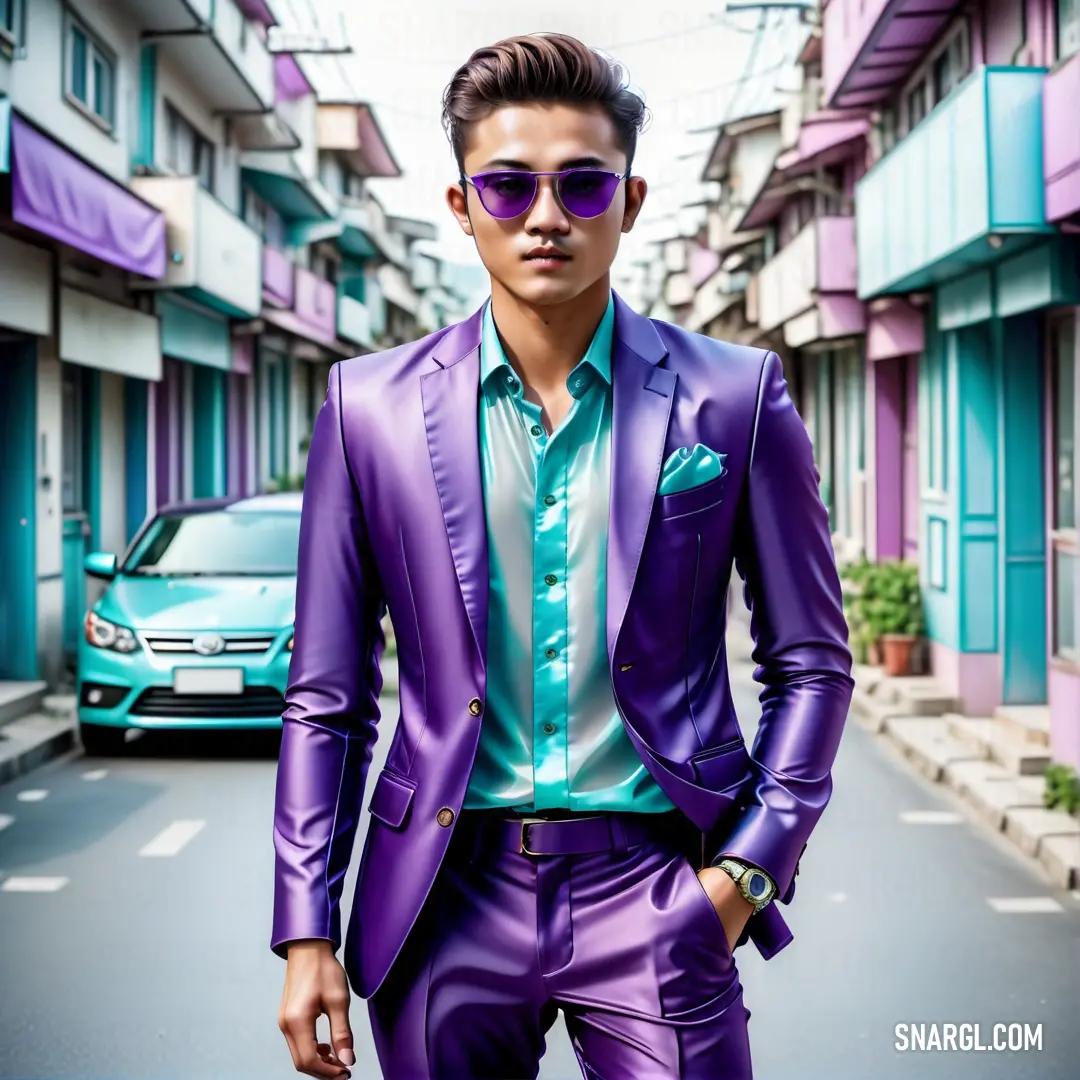 Man in a purple suit and sunglasses standing in the street of a city with a car parked in the background. Color RGB 72,209,204.