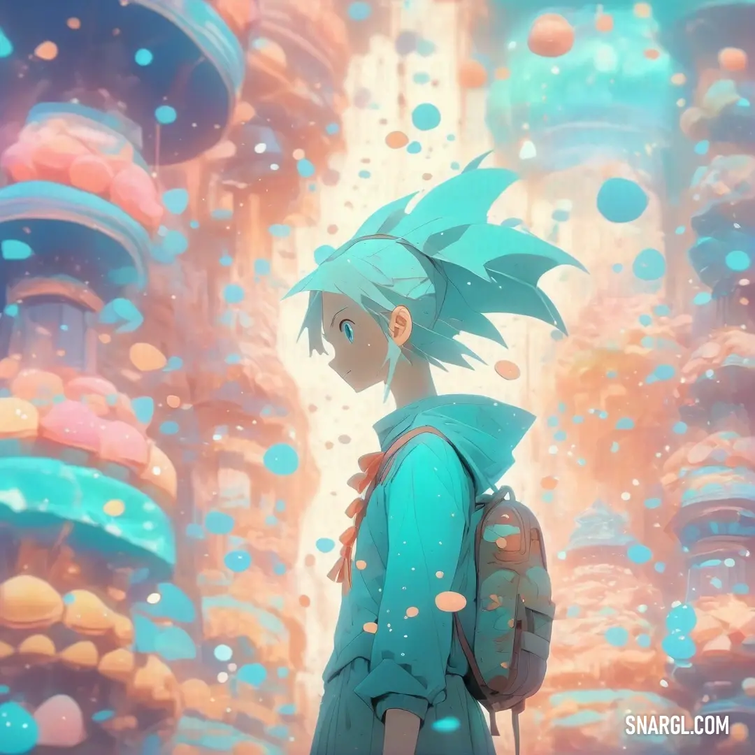 Boy with a backpack looking at a futuristic city with bubbles. Color Medium turquoise.