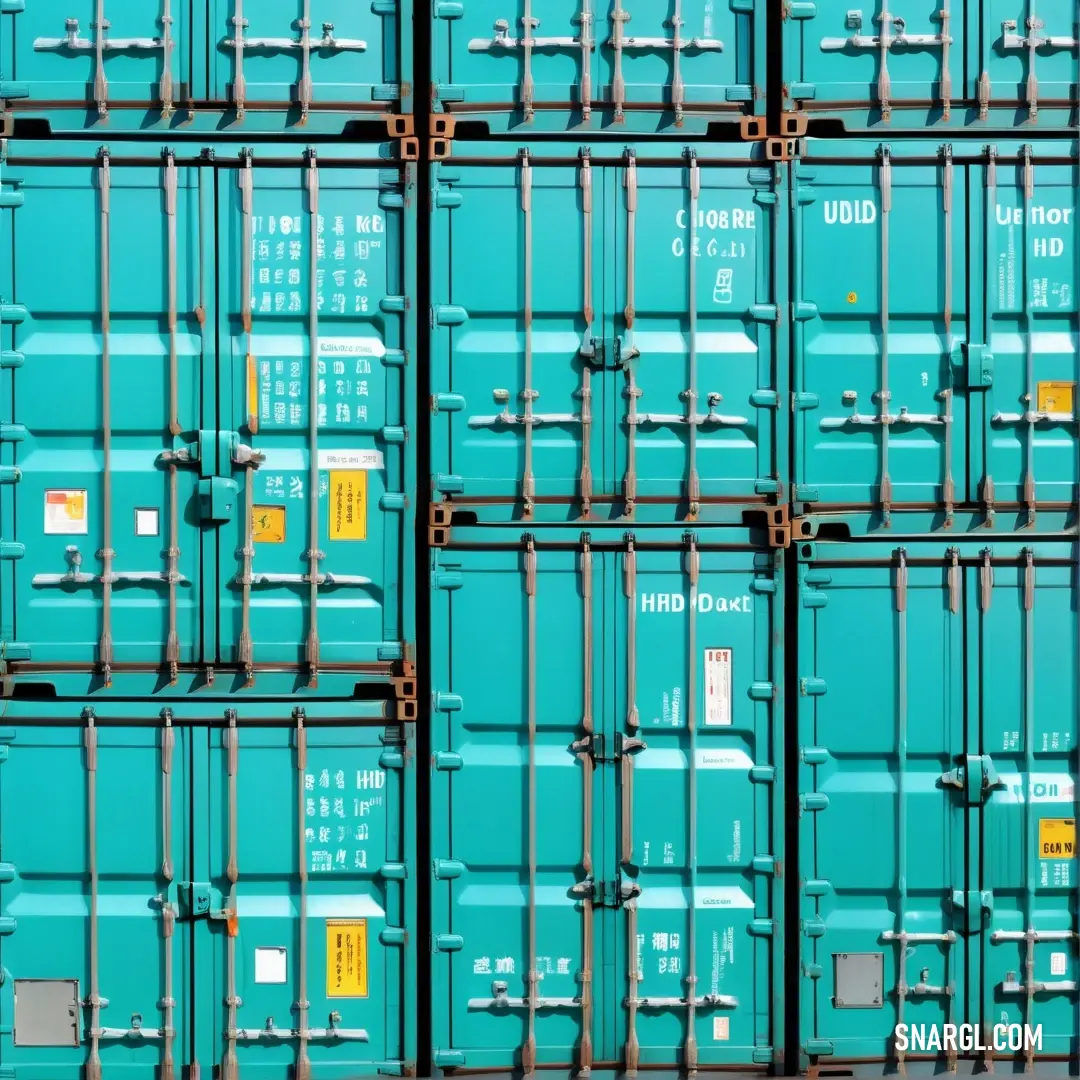 Large stack of blue shipping containers stacked on top of each other on a sidewalk near. Example of Medium turquoise color.