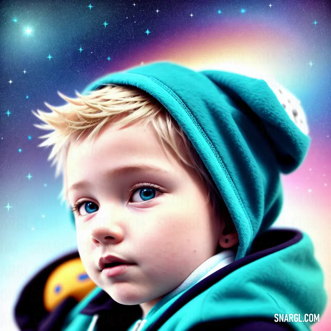 Young boy wearing a blue hoodie and a cap with a star in the background. Color RGB 72,209,204.