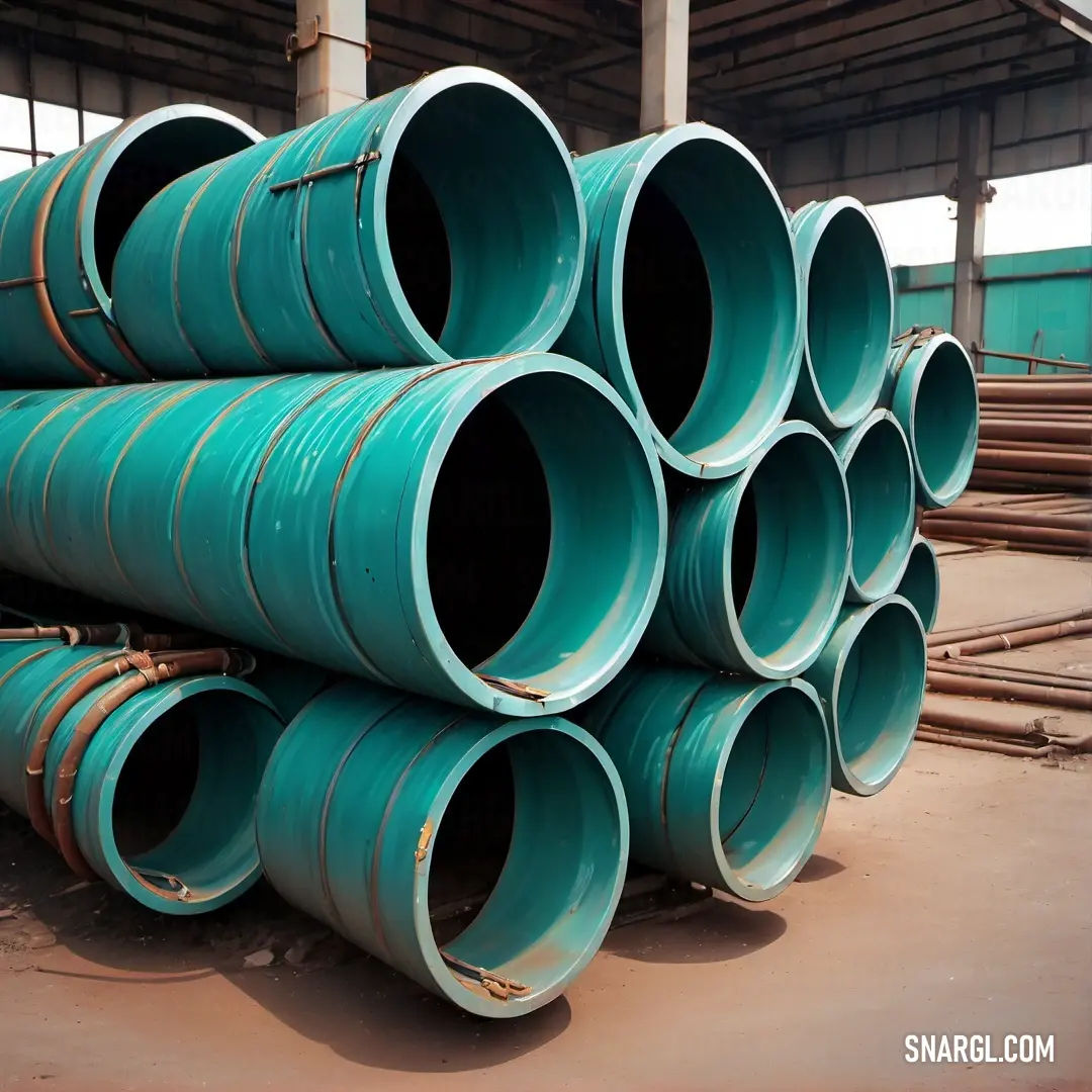 Medium turquoise color example: Stack of green pipes in a warehouse area with a building in the background
