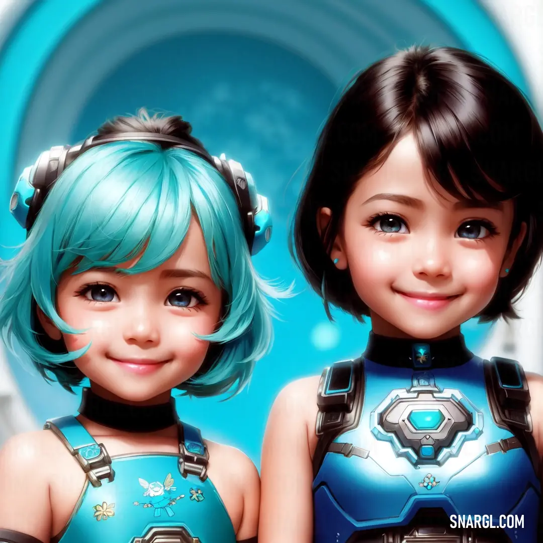 Two cartoon girls with blue hair and blue eyes are standing next to each other