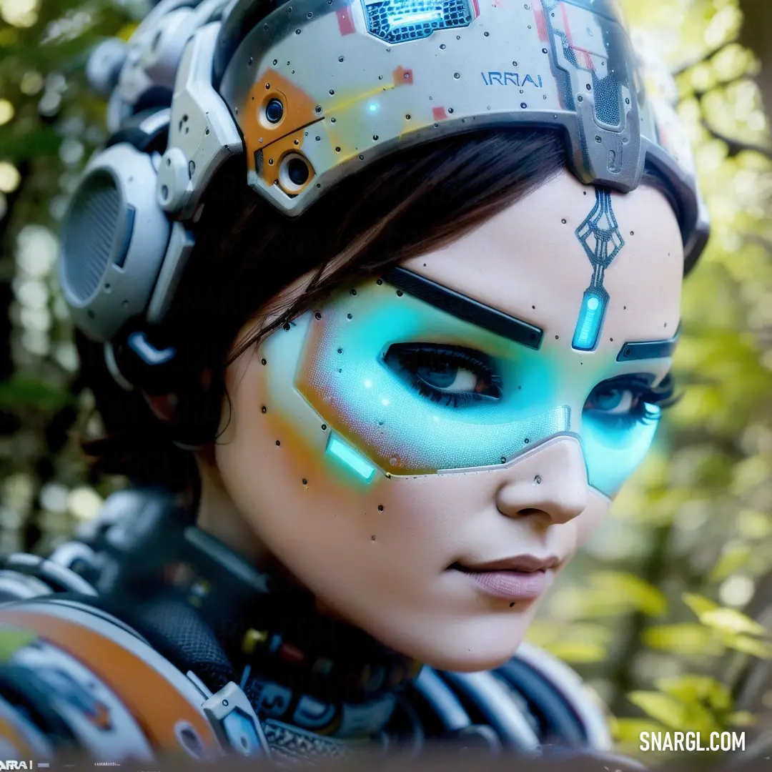 Woman with a futuristic helmet and blue eyes is wearing a futuristic helmet and a futuristic helmet