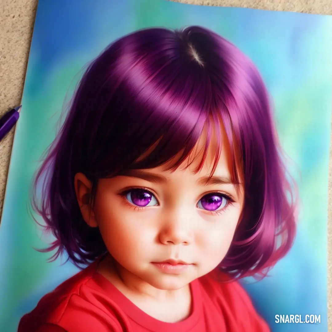 Drawing of a little girl with purple hair and a pink shirt on