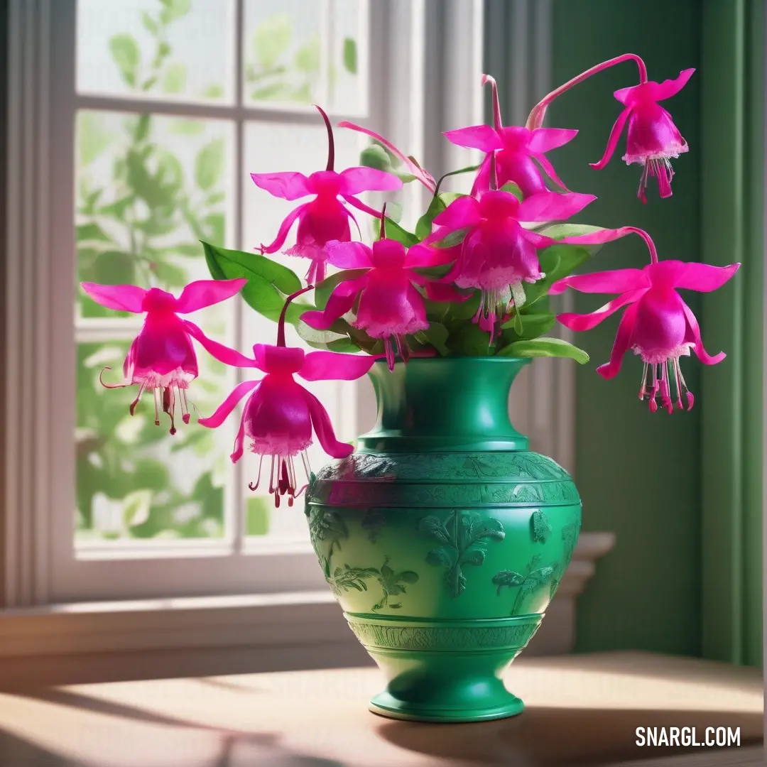 Green vase with pink flowers in it on a table next to a window sill with a green frame. Color CMYK 0,89,33,22.