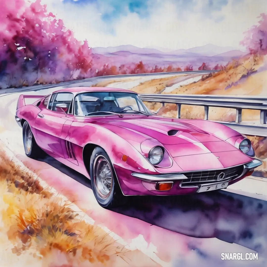 Painting of a pink car on a road with a bridge in the background. Example of #C71585 color.